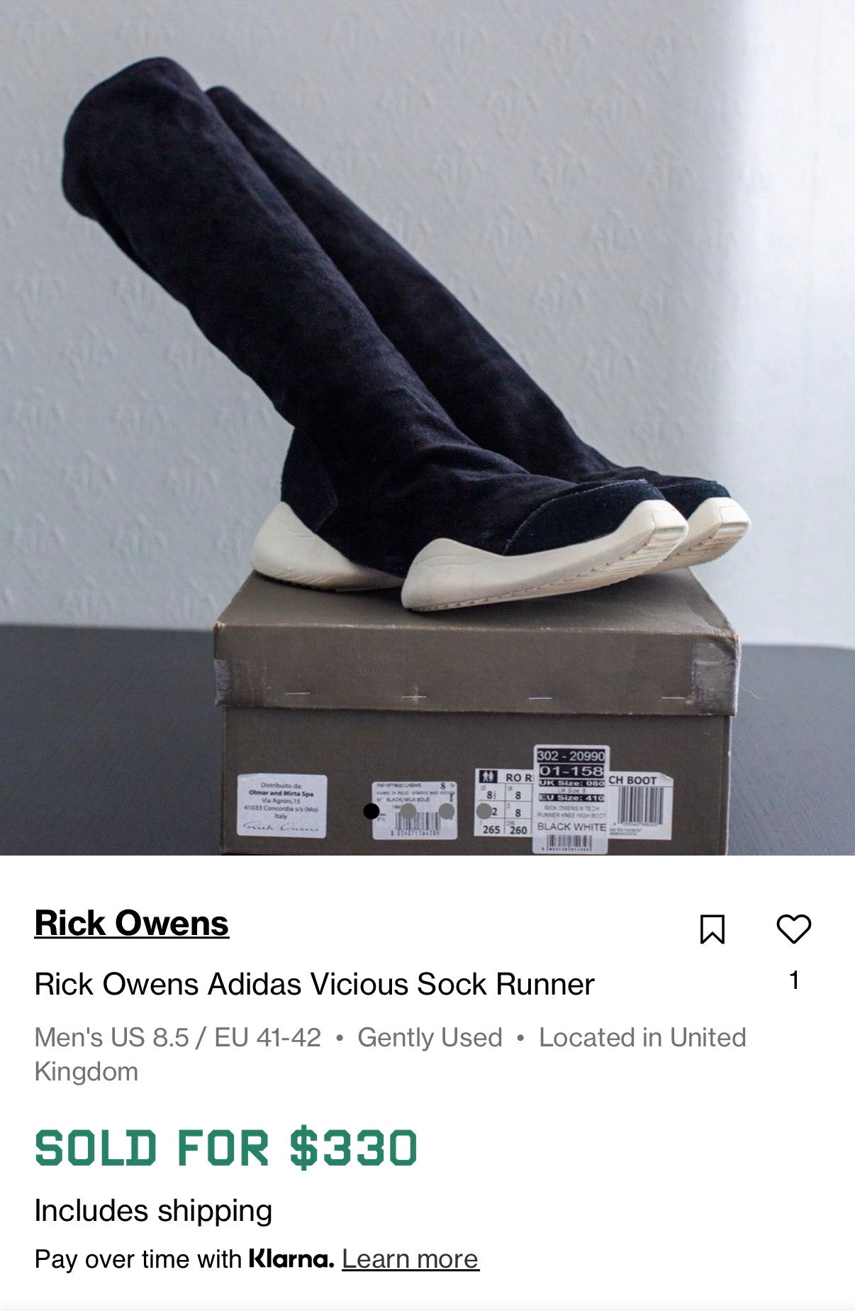 AW15 Rick Owens x Adidas Sock Runner Shoes