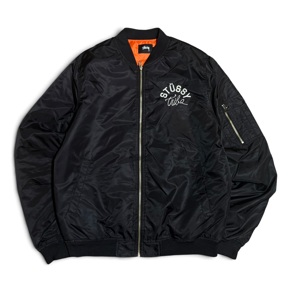 Stussy World Tribe SpellOut Y2K Embroidered Bomber Jacket
