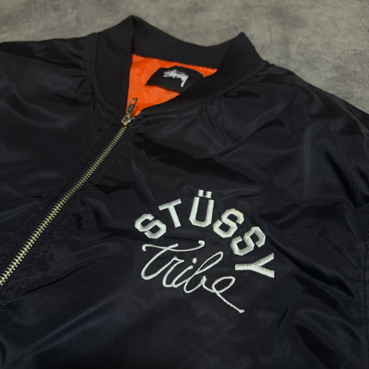 Stussy World Tribe SpellOut Y2K Embroidered Bomber Jacket