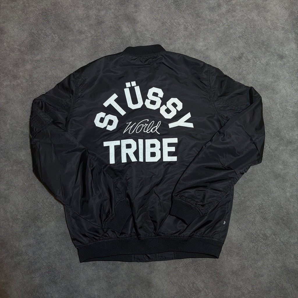 Stussy World Tribe SpellOut Y2K Embroidered Bomber Jacket