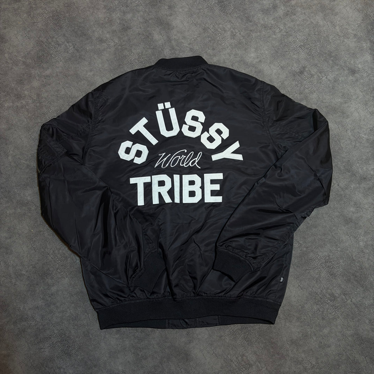 Stussy World Tribe SpellOut Y2K Embroidered Bomber Jacket