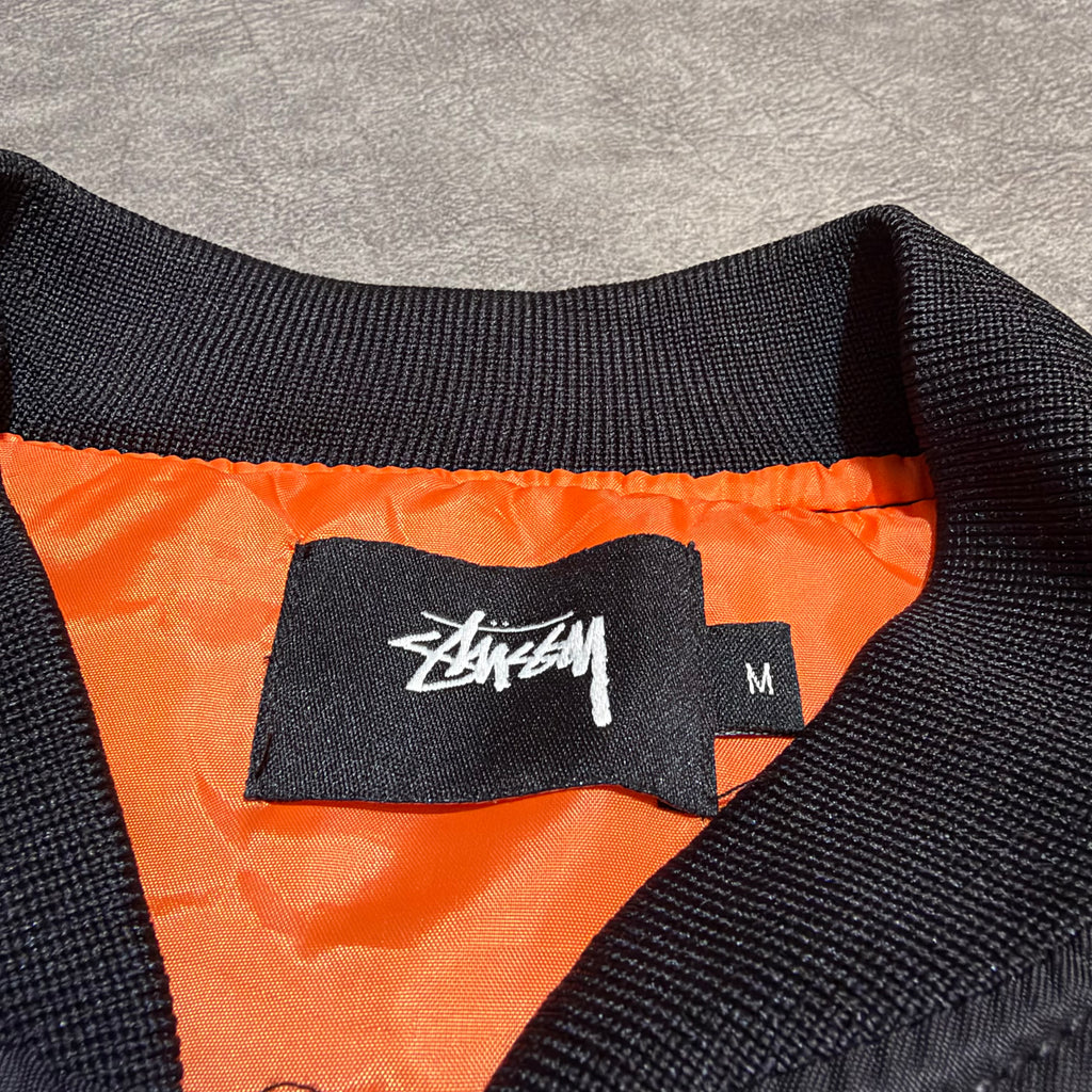 Stussy World Tribe SpellOut Y2K Embroidered Bomber Jacket